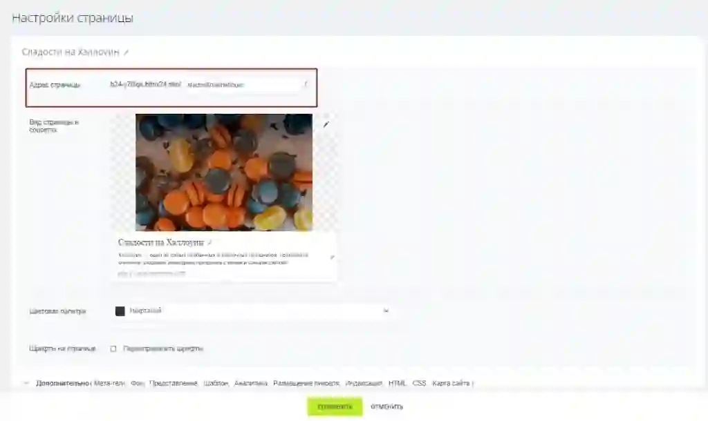 Заполняем ссылку, по которой будет доступна страница